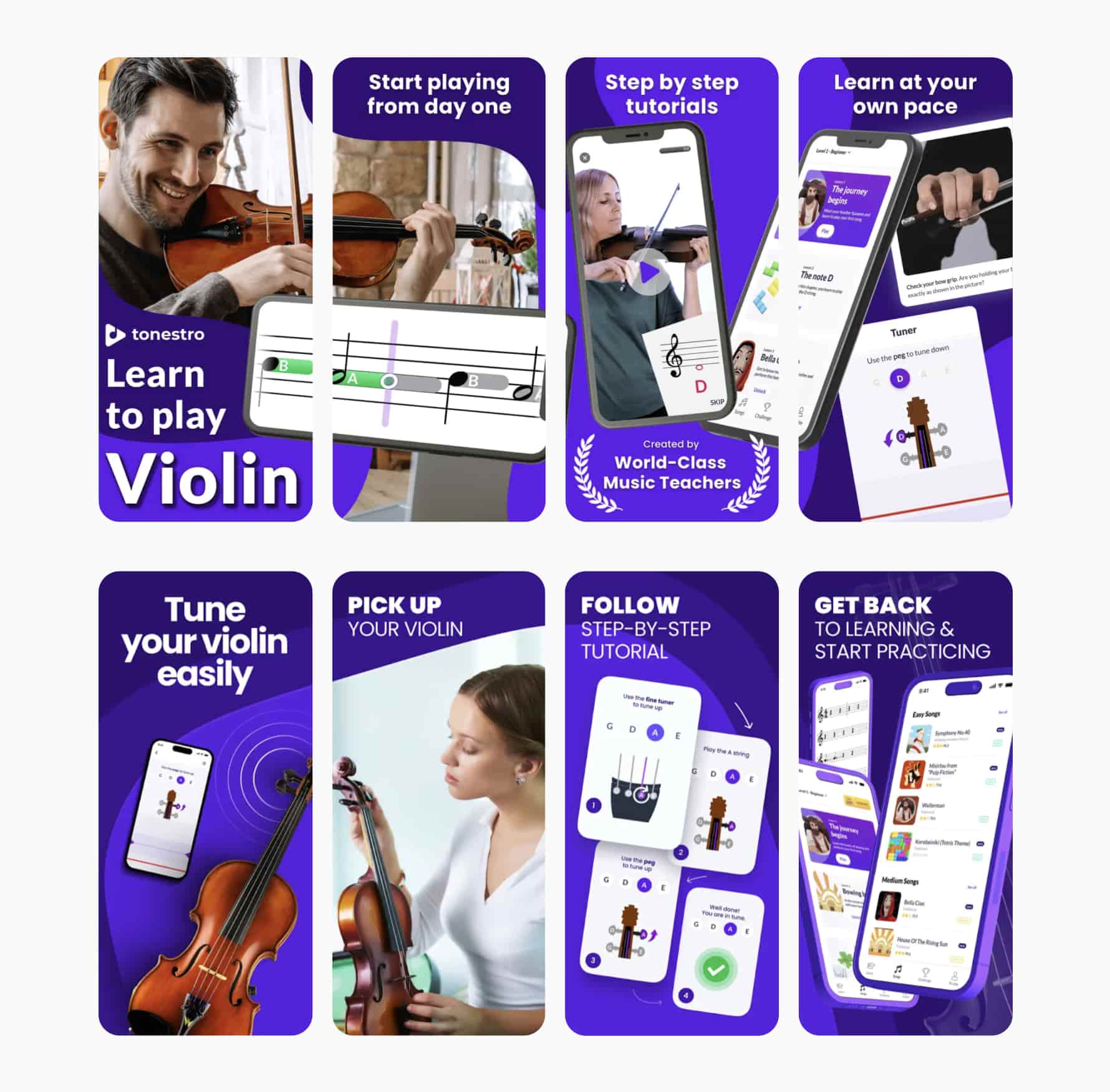 Illustration, images from custom product pages showcasing various features of an app tonestro.